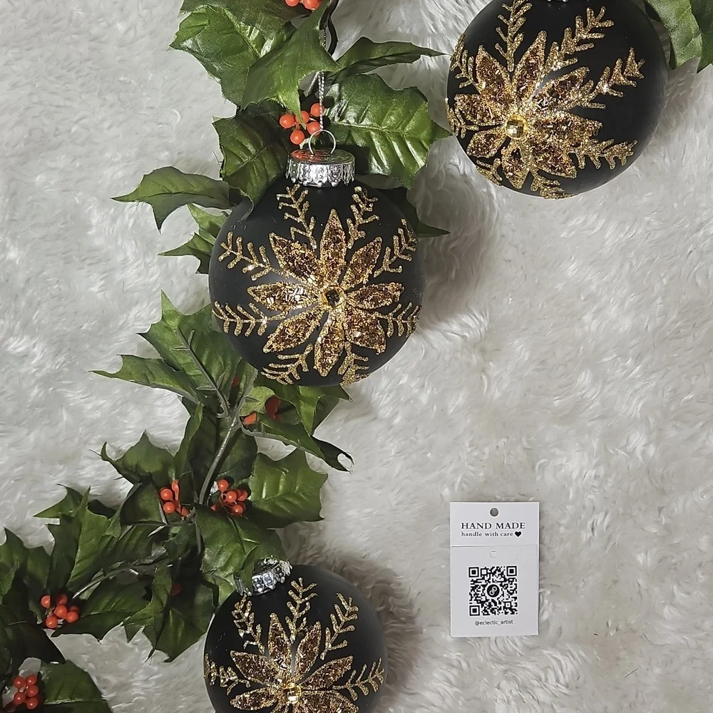 Hand Crafted Holiday Ornament Black Gold Beaded 3pc Set